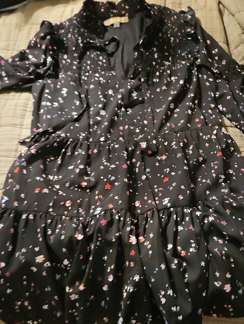 Melonie T Floral Tiered Dress with Ruffle Neck